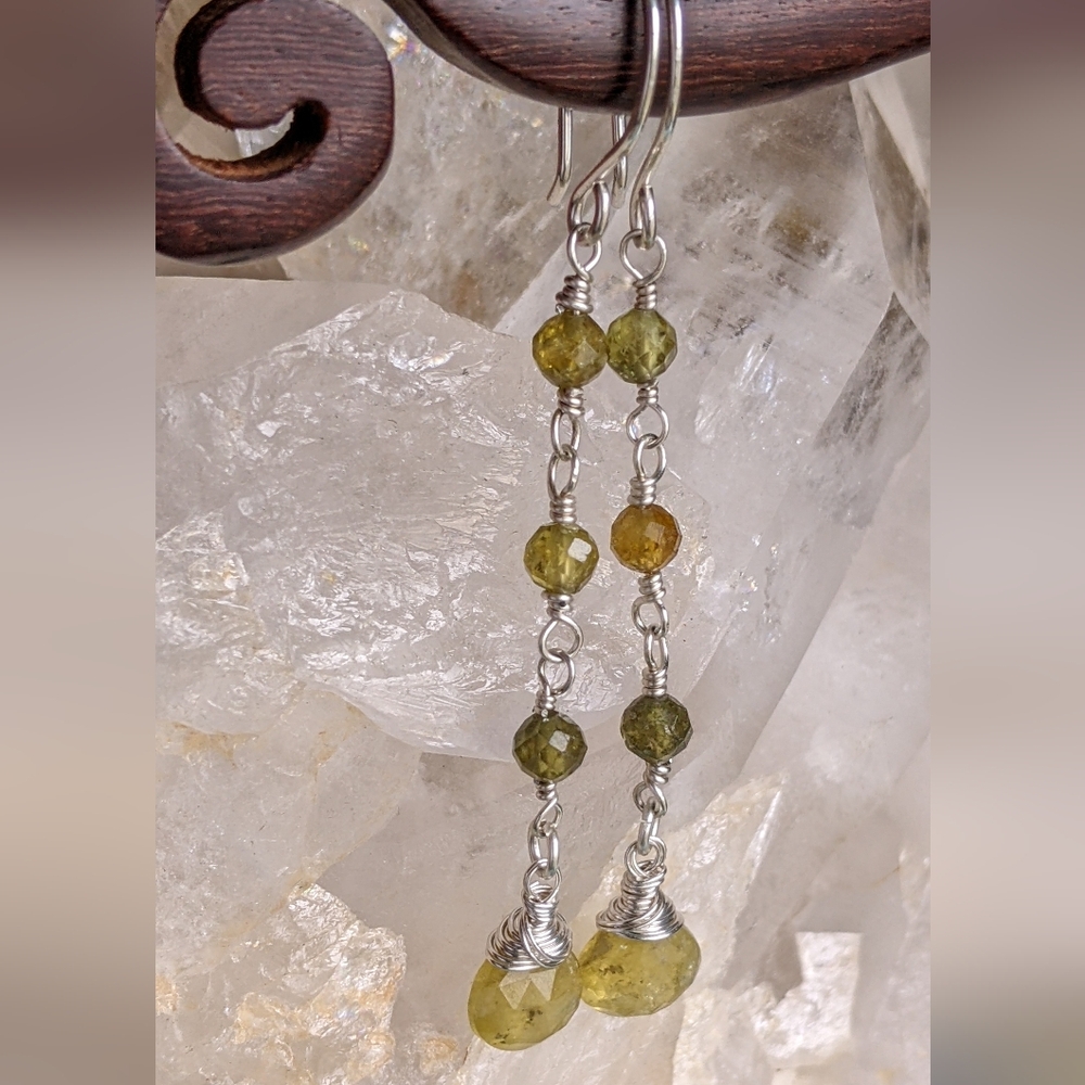 Earthy Green Garnet Earrings Dainty Sterling Silver Elegant Dangle Drop - Picture 8 of 12